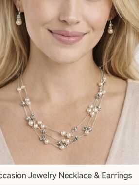 Occasion Pearl Crystal Layered Necklace & Dangle Earrings Set Silver Tone NWT